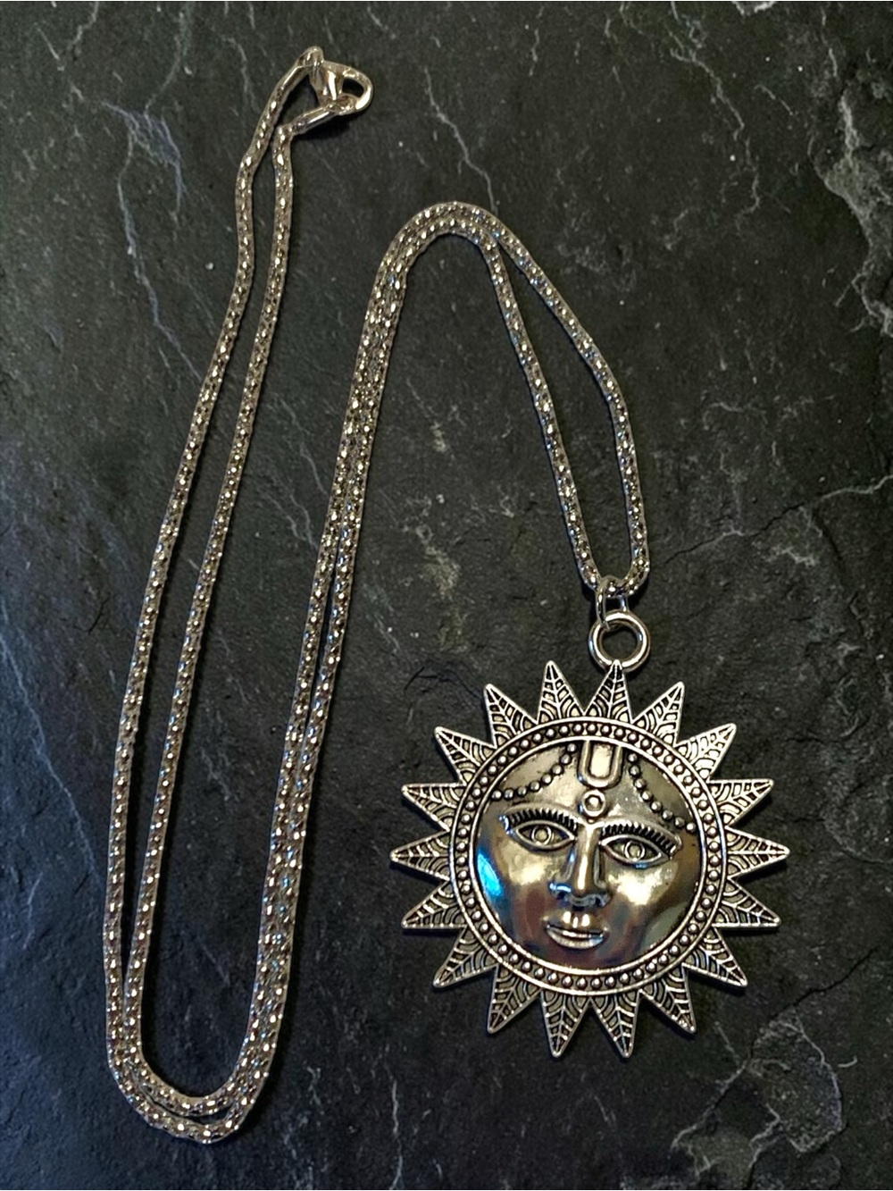 Silver Sun Pendant Necklace 27.5” popcorn chain
